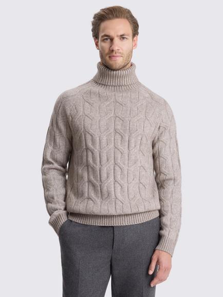 Moss Cable Knit Roll Neck Jumper, Taupe, Taupe Brown