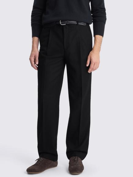 Moss Wool Flannel Wide Leg Pleated Trousers, Black, Black