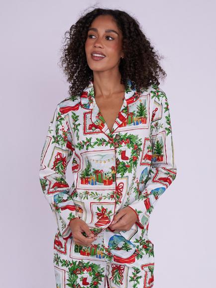 Cyberjammies Merry & Bright Christmas Postcard Print Long Sleeve Pyjama Top, Red, Red