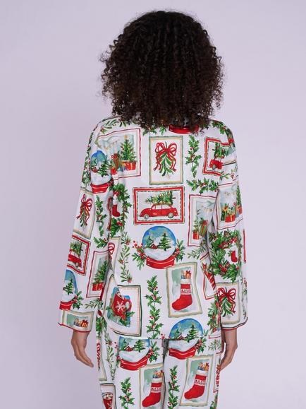 Cyberjammies Merry & Bright Christmas Postcard Print Long Sleeve Pyjama Top, Red - view 2, Red