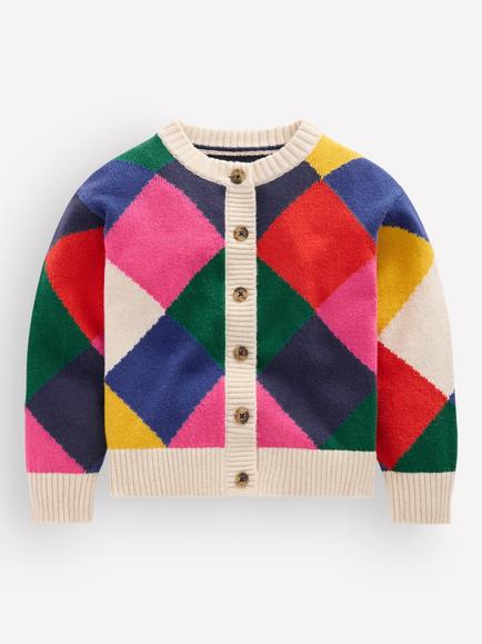 Mini Boden Kids' Knitted Cotton Blend Cardigan, Multi Rainbow Argyle, Multi Rainbow Argyle