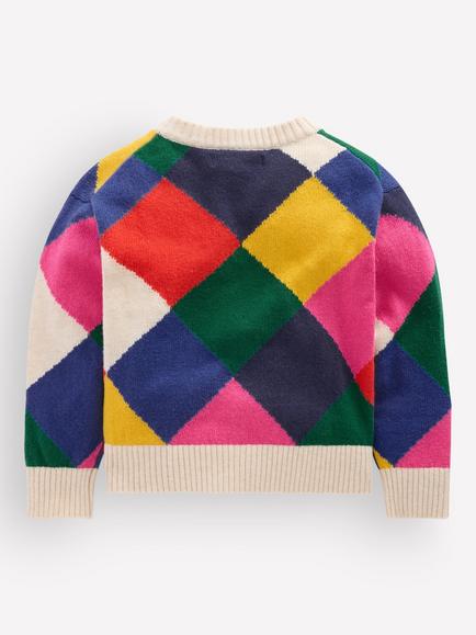 Mini Boden Kids' Knitted Cotton Blend Cardigan, Multi Rainbow Argyle - view 2, Multi Rainbow Argyle