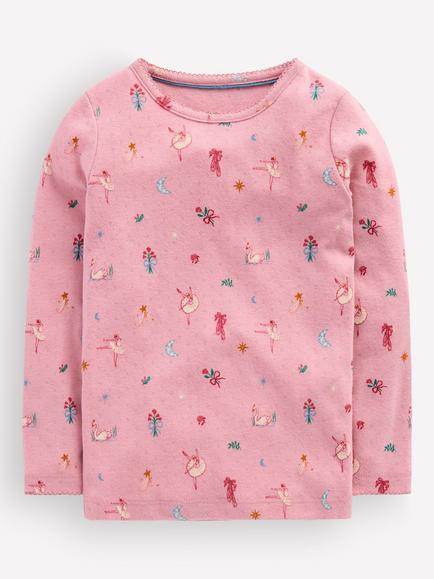 Mini Boden Kids' Long Sleeve Pointelle Knit Top, Pink/Multi, Pink/Multi