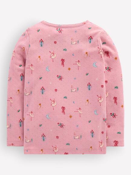 Mini Boden Kids' Long Sleeve Pointelle Knit Top, Pink/Multi - view 2, Pink/Multi