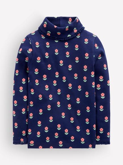 Mini Boden Kids' Ribbed Roll Neck Lace Trim Top, Navy/Multi, Navy/Multi