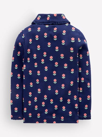 Mini Boden Kids' Ribbed Roll Neck Lace Trim Top, Navy/Multi - view 2, Navy/Multi