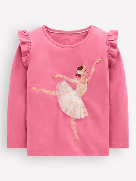 Mini Boden Kids' Superstitch Ballerina Frill Shoulder T-Shirt, Pink/Multi, Pink/Multi