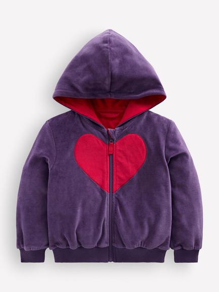 Mini Boden Kids' Velour Zip Front Heart Hoodie, Purple/Multi, Purple/Multi