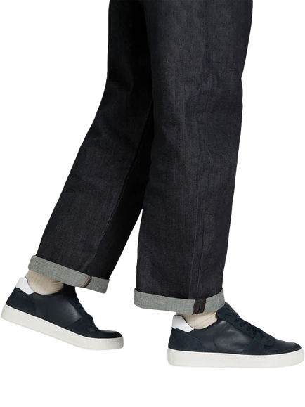 Dune London Tawly Wide Fit Leather Lace Up Trainers, Navy - view 2, Navy