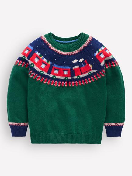 Mini Boden Kids' Festive Train Fair Isle Jumper, Jewel Green/Multi, Jewel Green/Multi