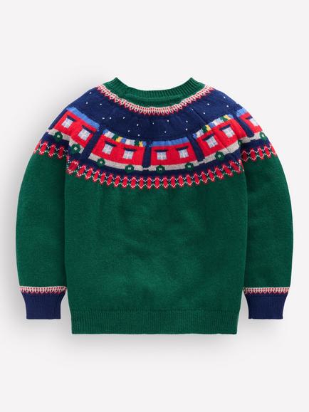 Mini Boden Kids' Festive Train Fair Isle Jumper, Jewel Green/Multi - view 2, Jewel Green/Multi