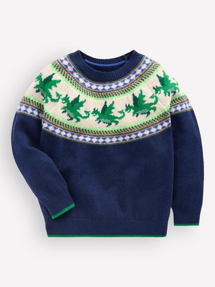 Mini Boden Kids' Dragon Fair Isle Jumper, College Navy Dragon, College Navy Dragon