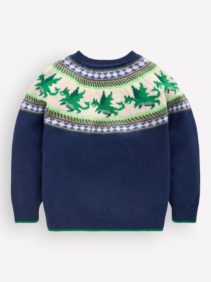 Mini Boden Kids' Dragon Fair Isle Jumper, College Navy Dragon - view 2, College Navy Dragon