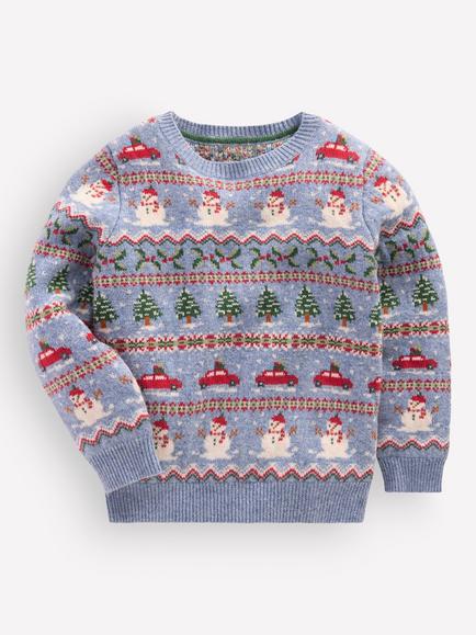 Mini Boden Kids' Crew Neck Christmas Fair Isle Jumper, Blue/Multi, Blue/Multi
