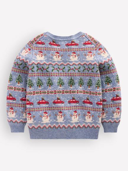 Mini Boden Kids' Crew Neck Christmas Fair Isle Jumper, Blue/Multi - view 2, Blue/Multi