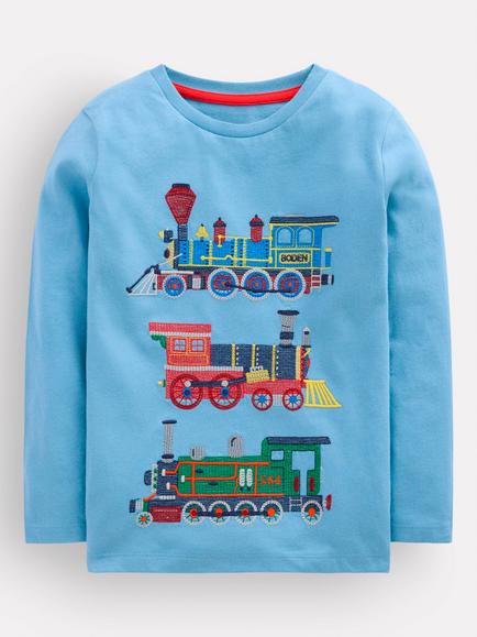 Mini Boden Kids' Long Sleeve Superstitch Train T-Shirt, Glacier Blue/Multi, Glacier Blue/Multi