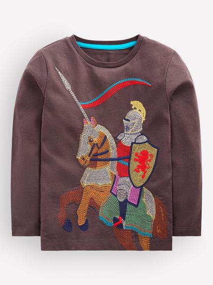 Mini Boden Kids' Long Sleeve Superstitch Knight T-Shirt, Warm Grey/Multi, Warm Grey/Multi