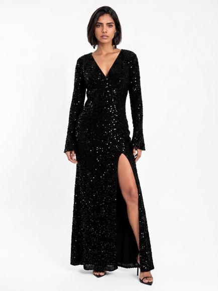Maya Deluxe V-Neck Sequinned Velvet Occasion Dress, Black, Black