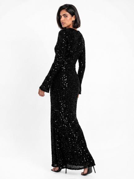 Maya Deluxe V-Neck Sequinned Velvet Occasion Dress, Black - view 2, Black