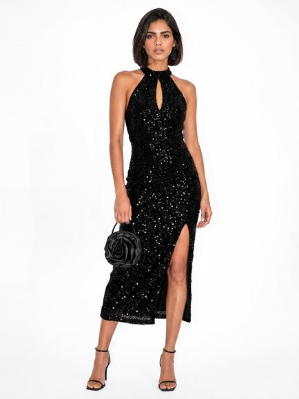 Maya Deluxe Halterneck Velvet Sequin Dress, Black, Black
