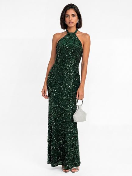 Maya Deluxe Fully Embellished Halter Neck Velvet Maxi Dress, Emerald Green