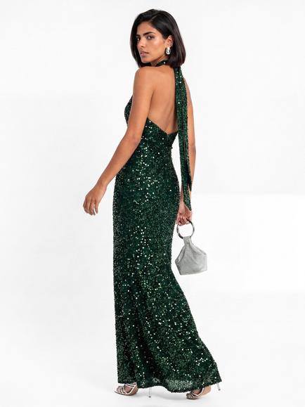 Maya Deluxe Fully Embellished Halter Neck Velvet Maxi Dress - view 2, Emerald Green