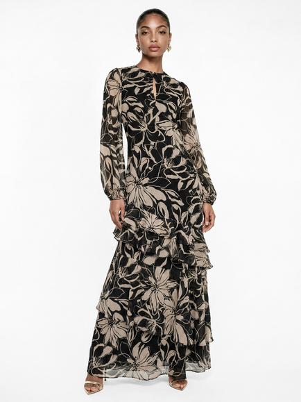 Anaya With Love Floral Long Sleeve Tiered Maxi Dress, Black, Black