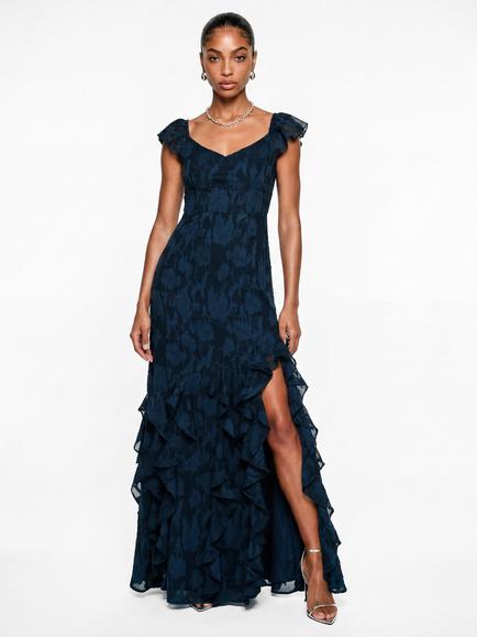 Anaya With Love Floral Burnout Ruffle Maxi Dress, Navy, Navy
