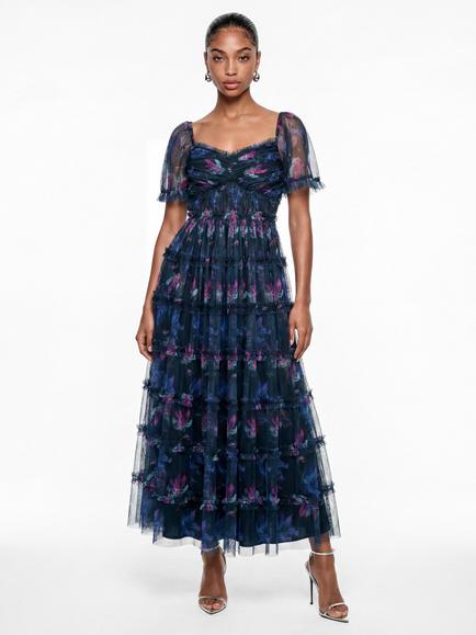 Anaya With Love Floral Print Square Neck Ruffle Midaxi Dress, Navy, Navy