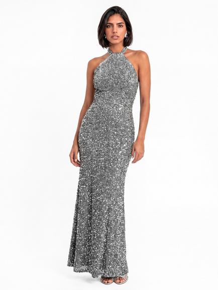 Maya Deluxe Fully Embellished Halter Neck Velvet Maxi Dress, Silver