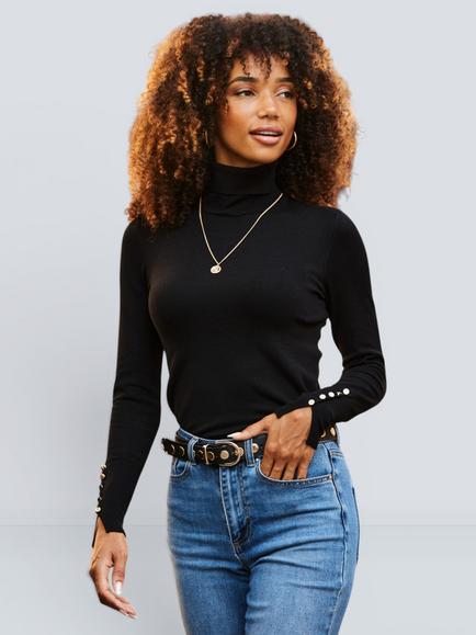 Sosandar Roll Neck Button Cuff Jumper, Black, Black
