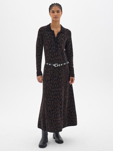 HUSH Liora Animal Jaquard Midi Polo Dress, Black, Black