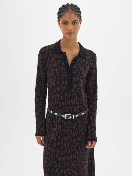 HUSH Liora Animal Jaquard Midi Polo Dress, Black - view 2, Black