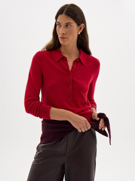 HUSH Merino Wool Blend Long Sleeve Polo Top, Bright Red, Bright Red