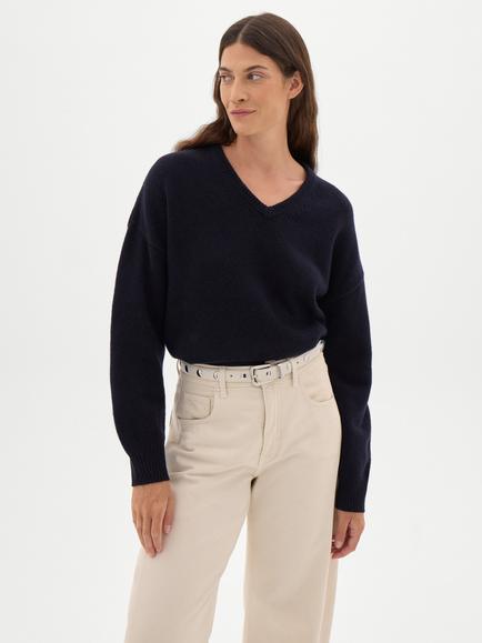 HUSH Millie Merino Wool V-Neck Jumper, Navy Blue