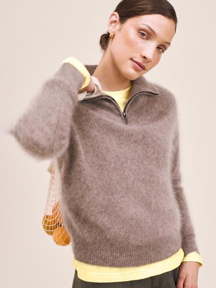 HUSH Seraphine Brushed Wool Quarter Zip Jumper, Iced Coffee, Iced Coffee