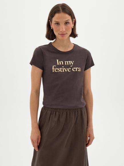HUSH Slogan Festive T-Shirt, Dark Brown, Dark Brown