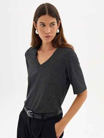 HUSH Lilia Lurex Stripe T-Shirt, Black, Black