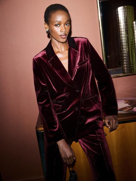 Ro&Zo Velvet Double Breasted Blazer, Dark Red - view 2, Dark Red