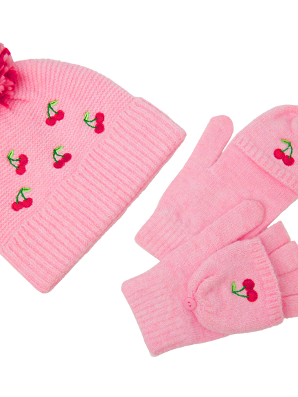Angels by Accessorize Kids' herry Bobble Hat & Gloves Set, Pink - view 2, Pink