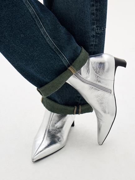 HUSH Leather Block Heel Pointed Toe Ankle Boots, Silver Metallic - view 2, Silver Metallic