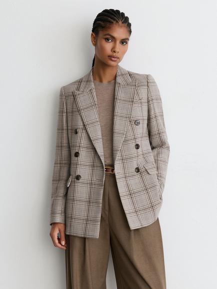 Reiss Bella Wool Blend Check Double Breasted Blazer, Grey/Multi, Grey/Multi