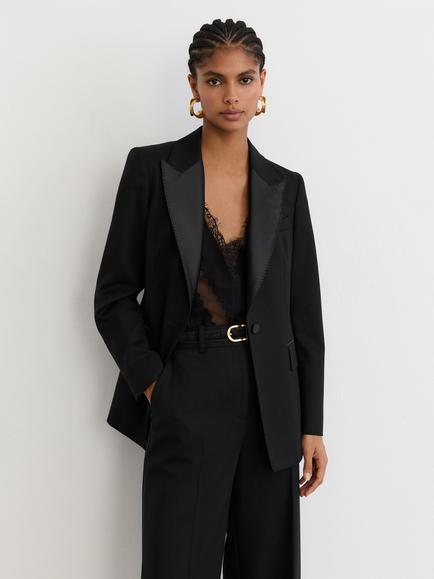Reiss Dakota Wool Blend Single Breasted Tuxedo Blazer, Black, Black