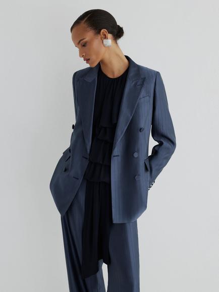 Reiss Atelier Freja Striped Double Breasted Blazer, Navy, Navy