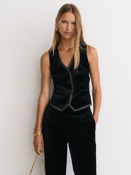 Reiss Wren Velvet Satin Trim Tailored Waistcoat, Black, Black