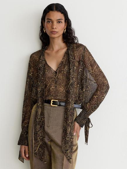 Reiss Charlotte Paisley Silk Georgette Blouse, Black/Gold, Black/Gold