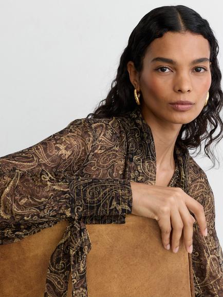 Reiss Charlotte Paisley Silk Georgette Blouse, Black/Gold - view 2, Black/Gold
