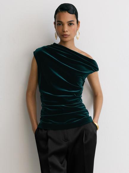 Reiss Demi Fitted Stretch Velvet Top, Teal, Teal Green