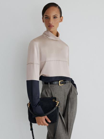Reiss Fara Roll Neck Tailored Blouse, Grey/Navy, Grey/Navy