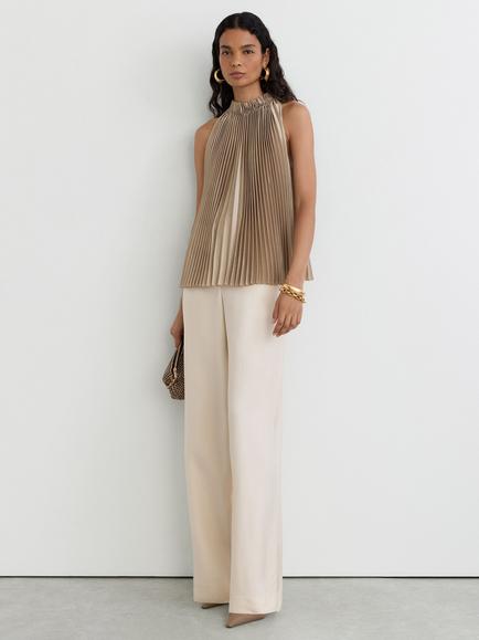 Reiss Kali Satin Pleated High Neck Sleeveless Top, Champagne Neutral, Champagne Neutral